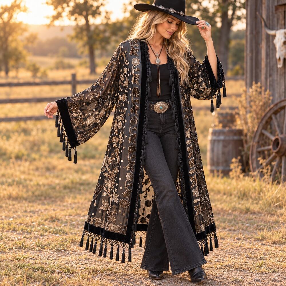 Vintage Chico’s Black Gold Velvet Burnout Kimono Duster Tassel Fringe M/L